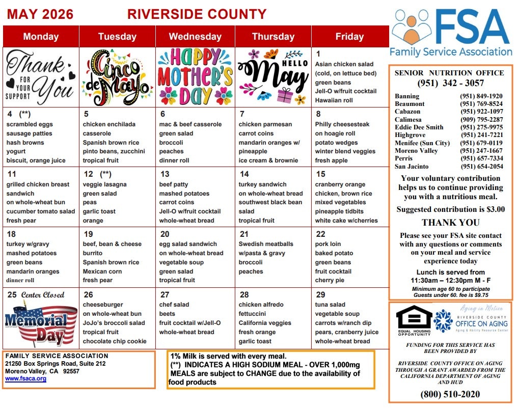 The image is a May 2026 menu for Riverside County's Senior Nutrition Program, featuring daily meal options and contact details.