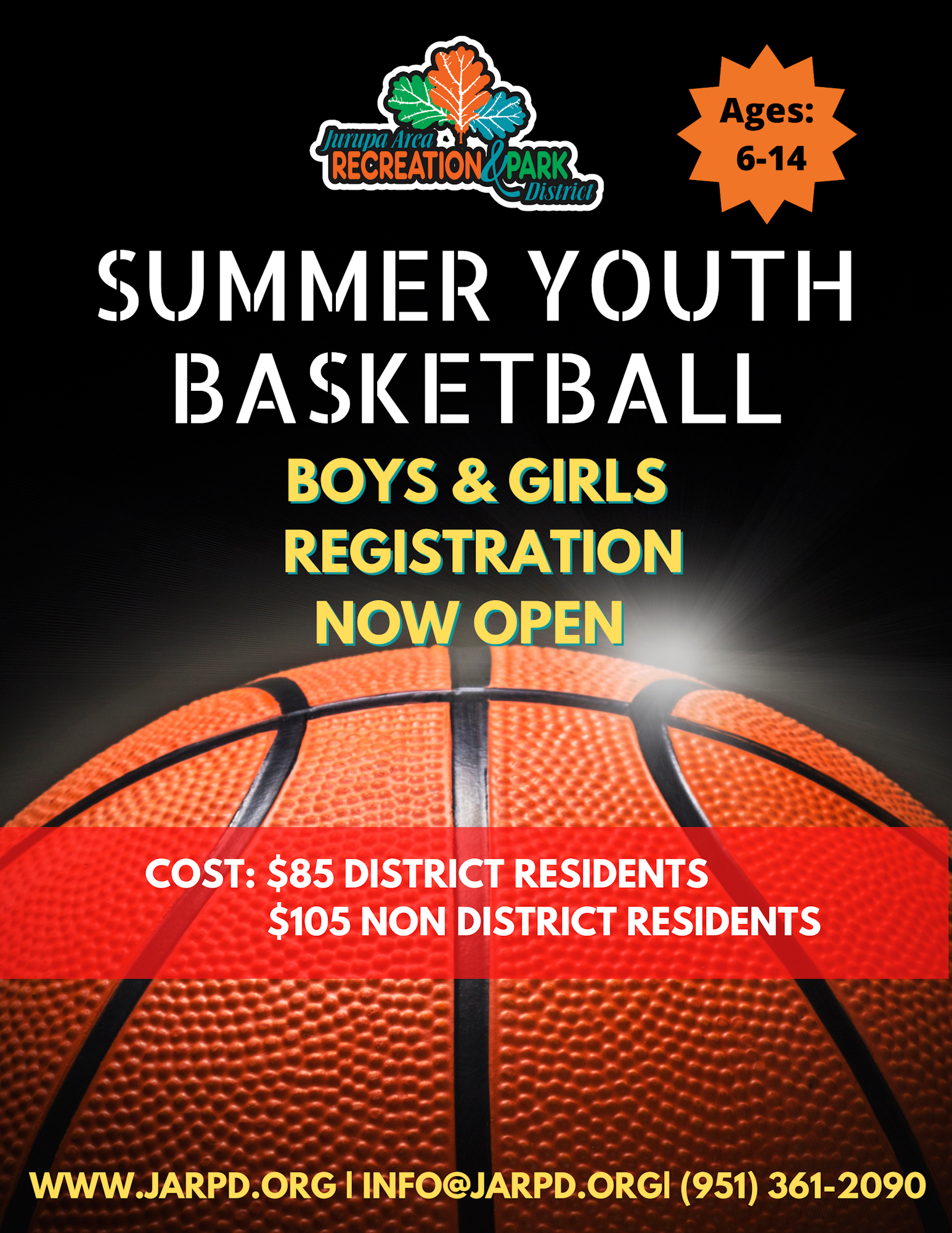 Summer Youth Basketball registration is open for ages 6-14. Cost: $85 for district residents, $105 for non-residents.
