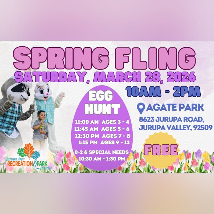 Spring Fling on March 28, 2026, at Agate Park: Free egg hunt for various age groups, from 10 AM to 2 PM.