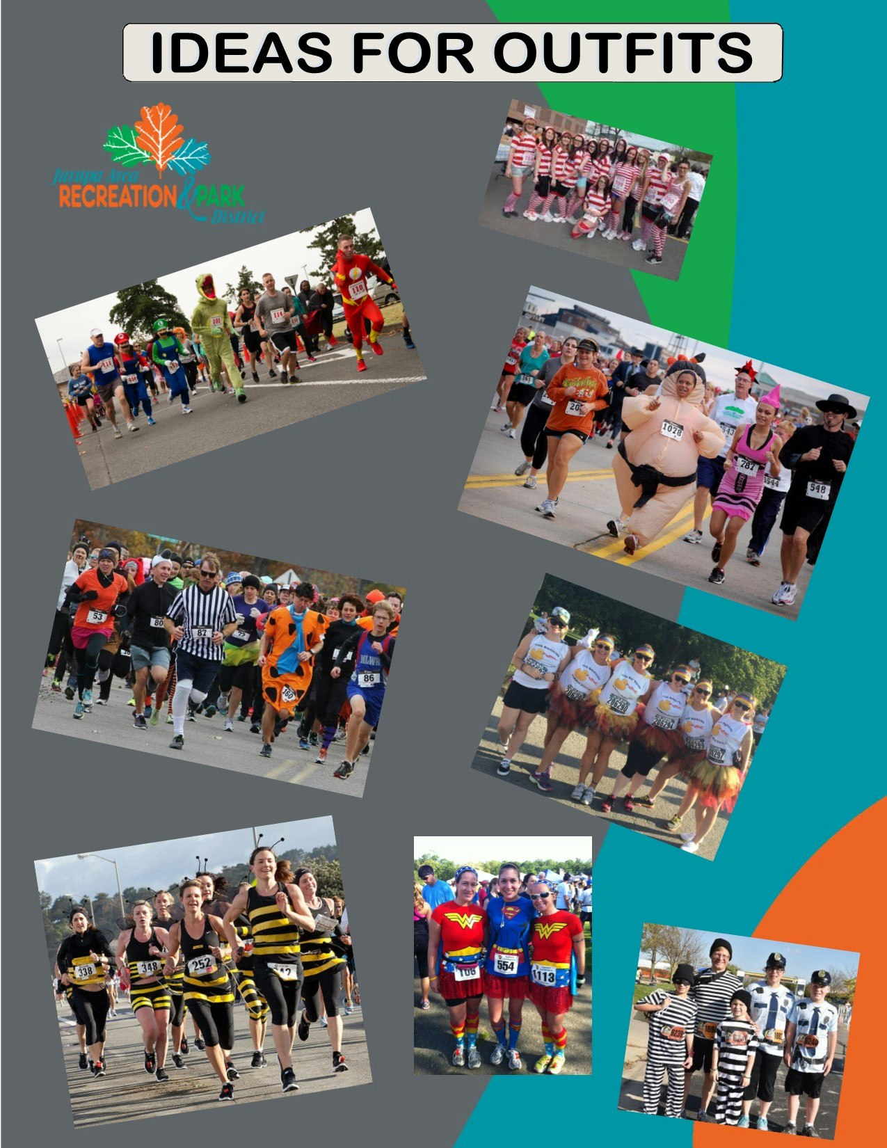 Collage of runners in creative costumes. Theme: outfit ideas for fun runs, featuring various playful and themed attire.