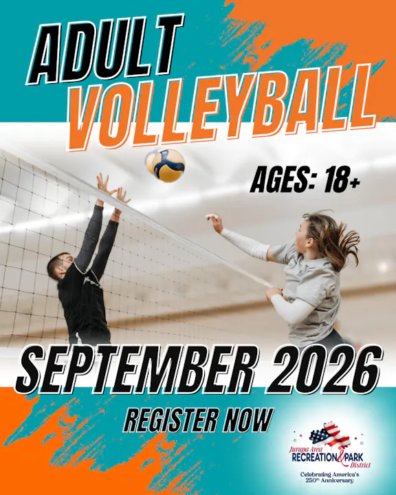 Image promotes adult volleyball for ages 18+, registration opens for September 2026. Register now with Jurupa Area Recreation.