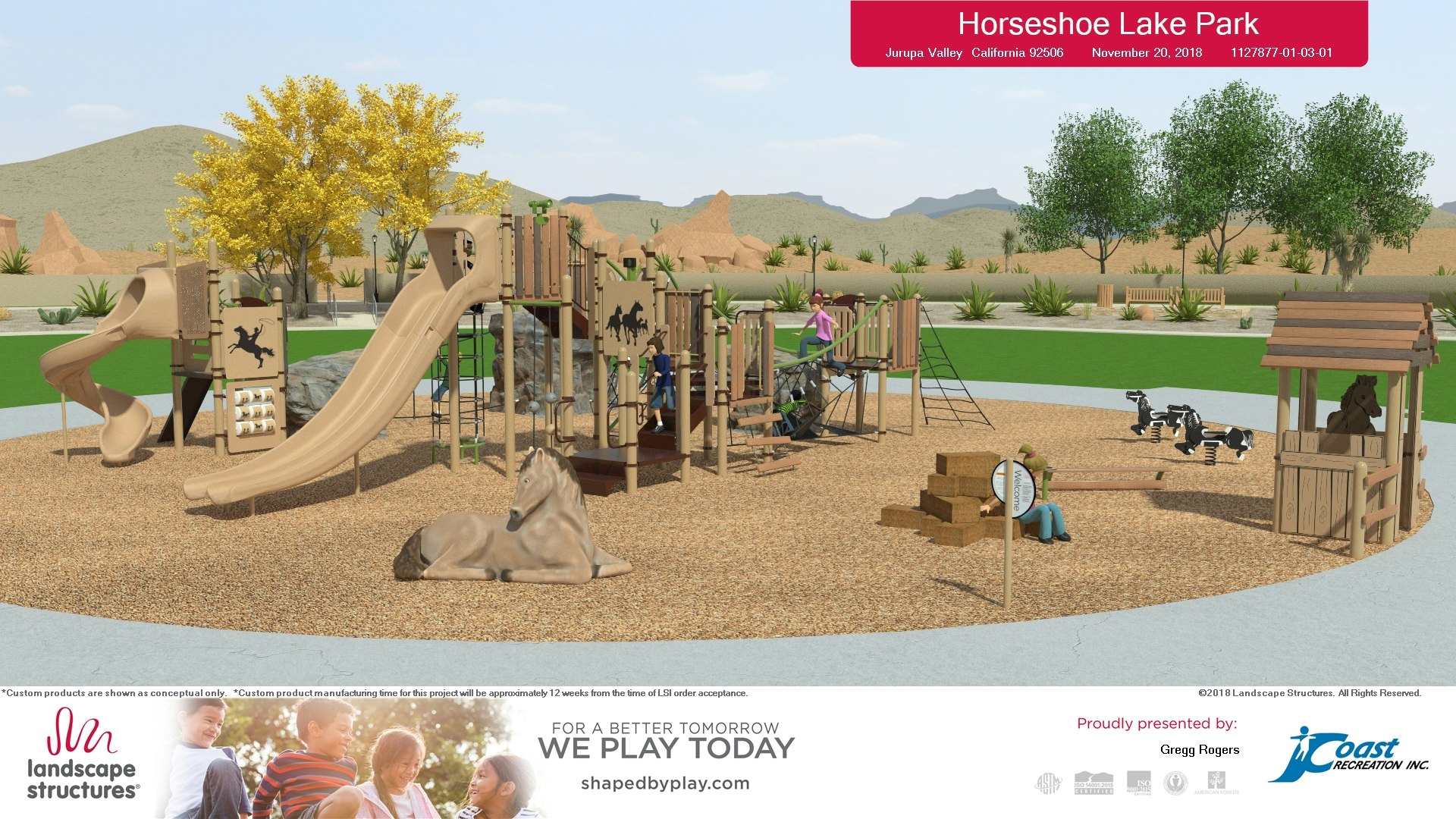 The image depicts a conceptual playground design at Horseshoe Lake Park, featuring various play structures and equipment.