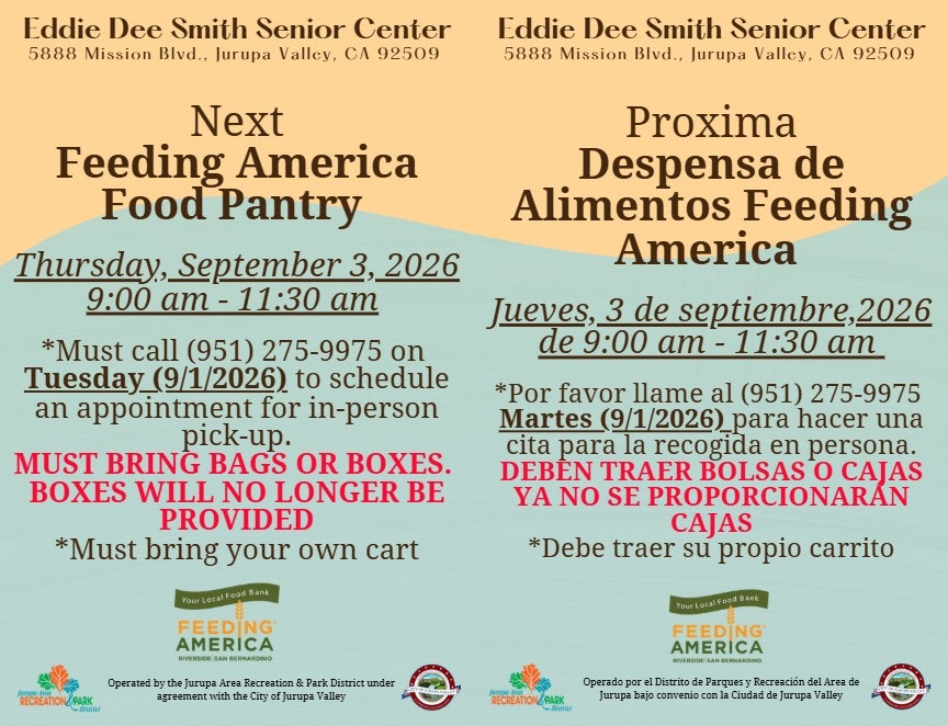 Food pantry at Eddie Dee Smith Senior Center on September 3, 2026, 9-11:30 AM. Call to schedule and bring bags/boxes.