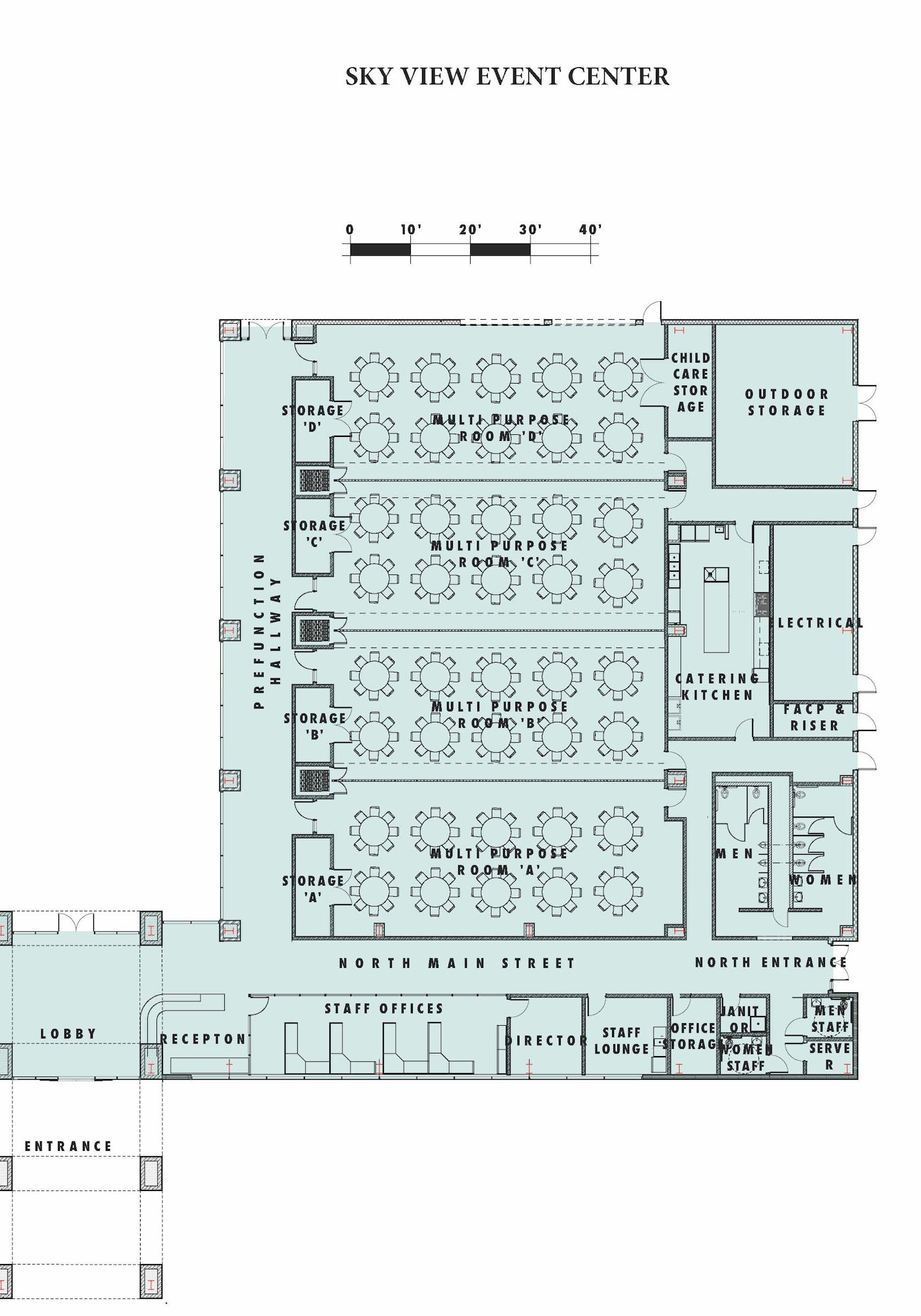 A floor plan for the Sky View Event Center featuring multiple multipurpose rooms, storage areas, catering kitchen, and staff offices.