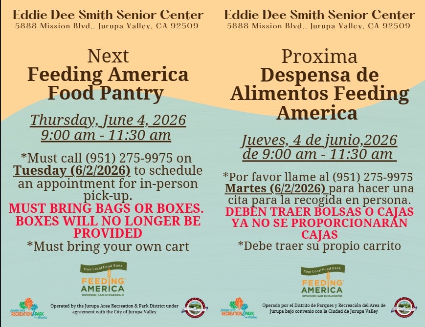 Food pantry at Eddie Dee Smith Senior Center on June 4, 2026. Call to schedule. Bring bags/boxes, no boxes provided.