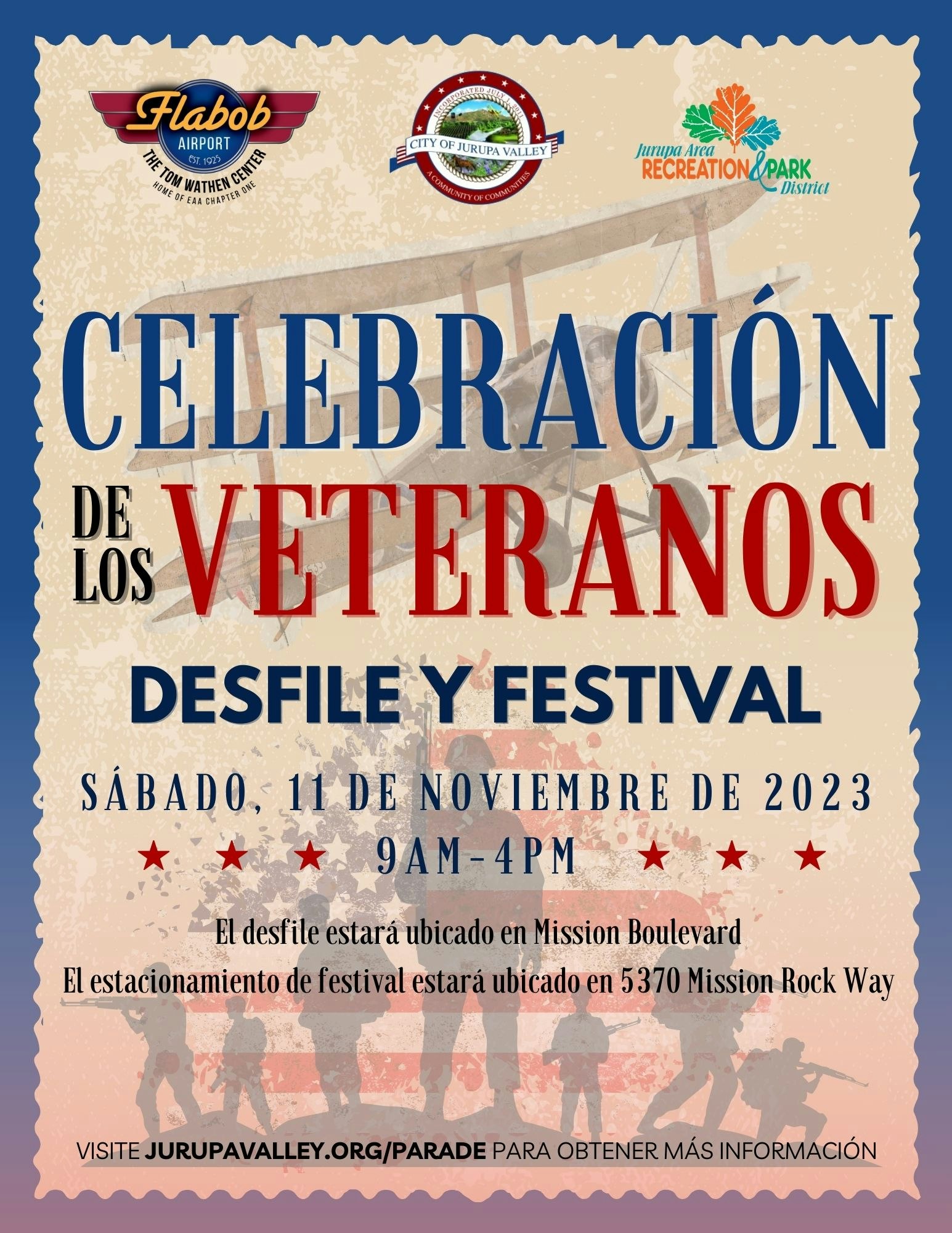 Event poster for Veterans Celebration: Parade & Festival on November 11, 2023, from 9 AM to 4 PM in Jurupa Valley.