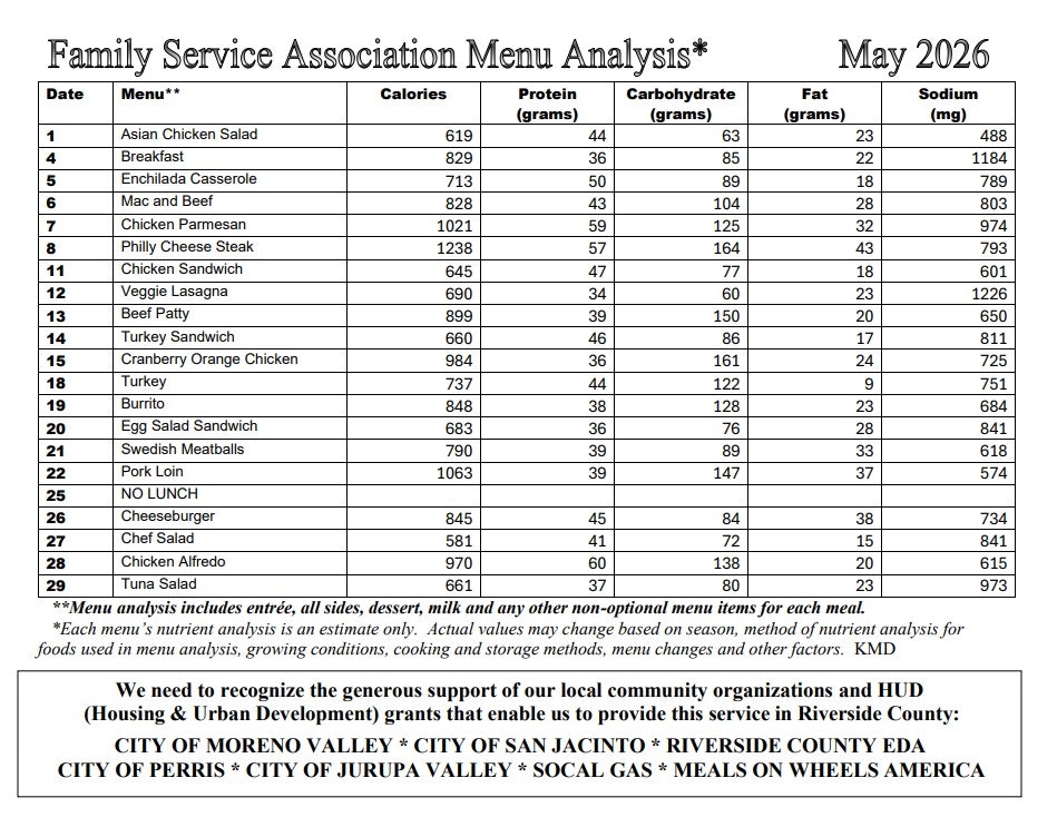 The image shows a menu analysis for May 2026, listing meals with their calorie counts, protein, carbs, fat, and sodium content.