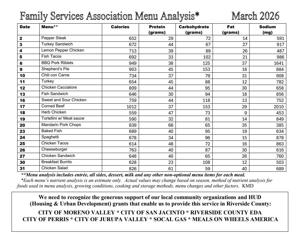 The image lists a menu for March 2026 with various meals, their nutritional information, and community organization acknowledgments.