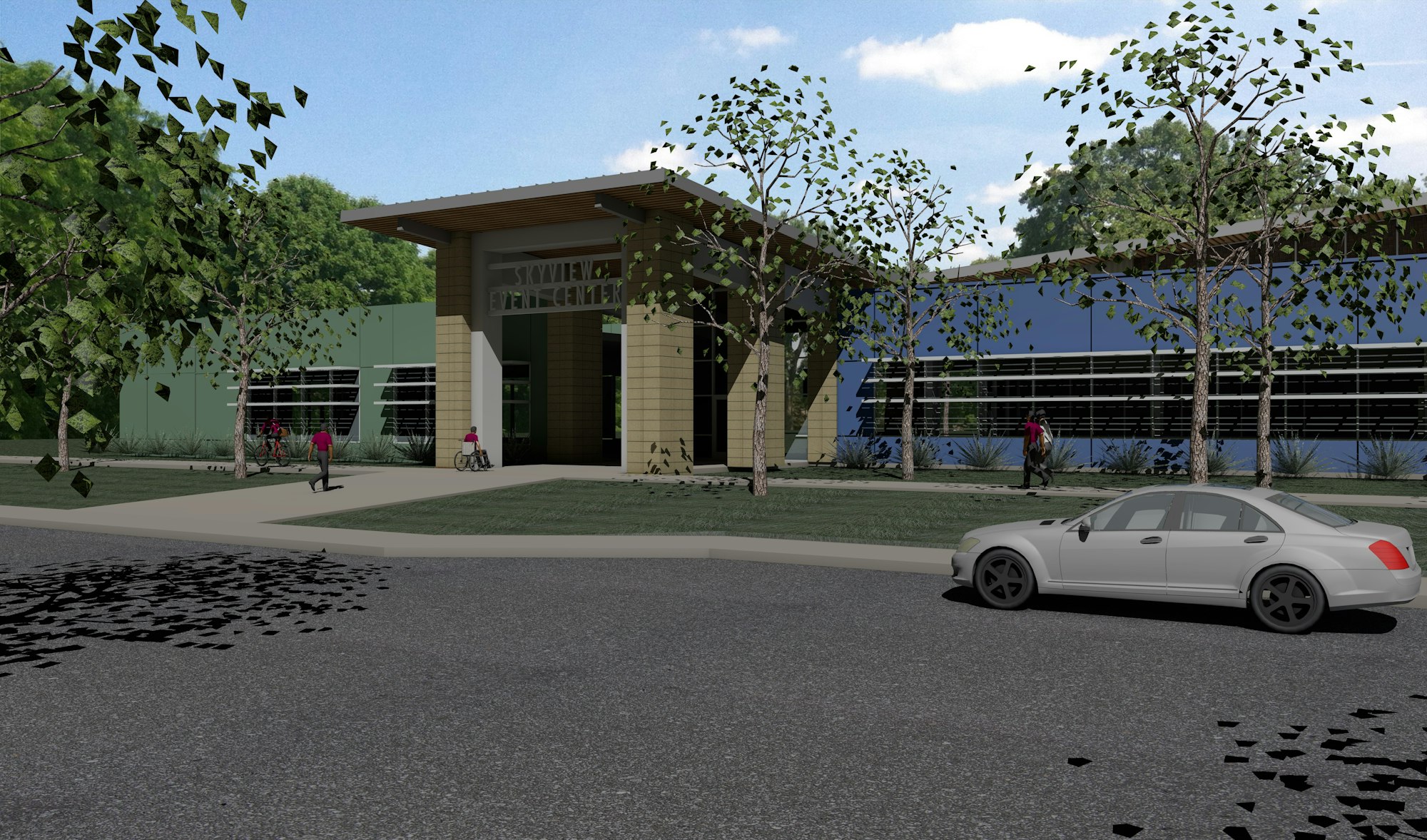 The image shows a modern event center with trees, bikers, and pedestrians, surrounded by greenery and parked cars.