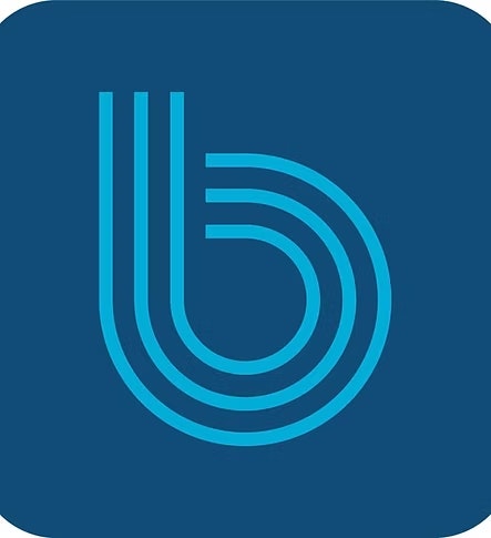 A stylized lowercase 'b' with curved lines on a blue background.