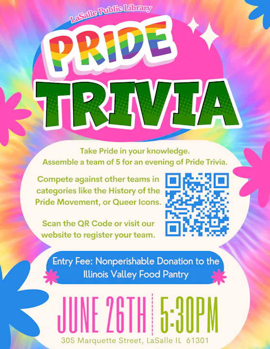 Pride Trivia event at LaSalle Public Library on June 26th, 5:30 PM. Team up, donate food, and compete!