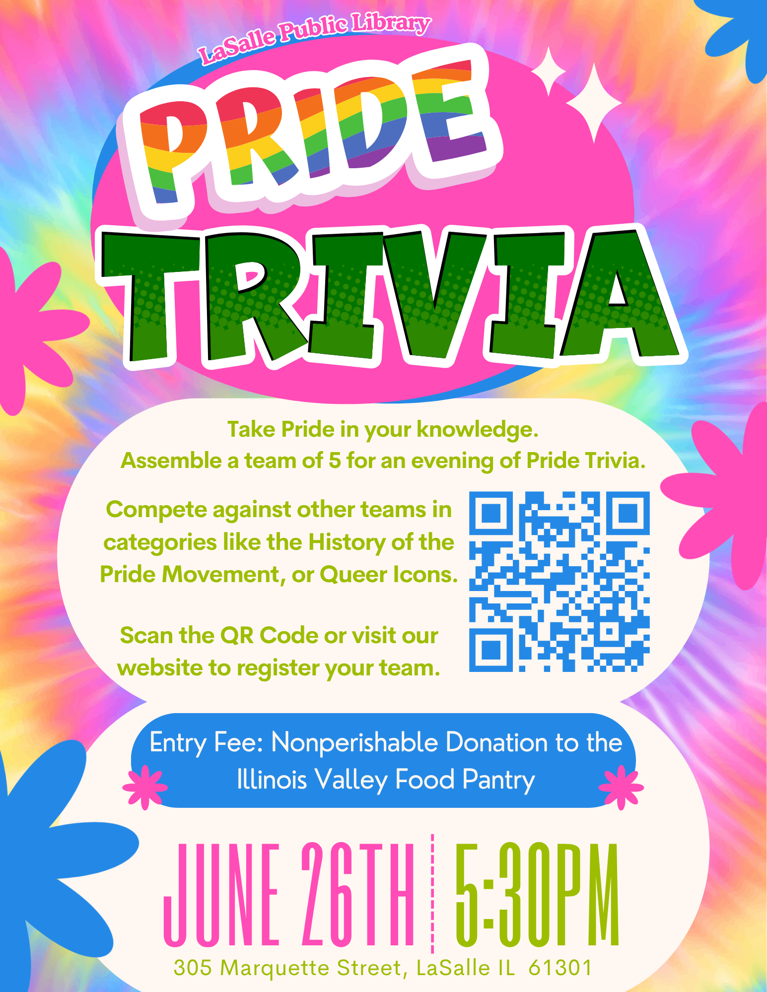 Pride Trivia event at LaSalle Public Library on June 26th, 5:30 PM. Team up, donate food, and compete!