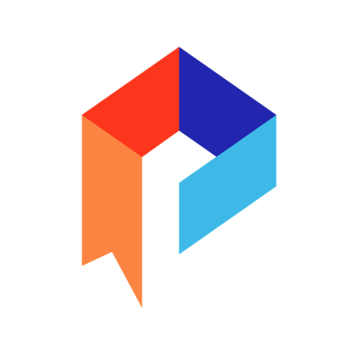 The image features a colorful geometric logo, incorporating shades of orange, blue, and red, resembling a stylized letter or shape.