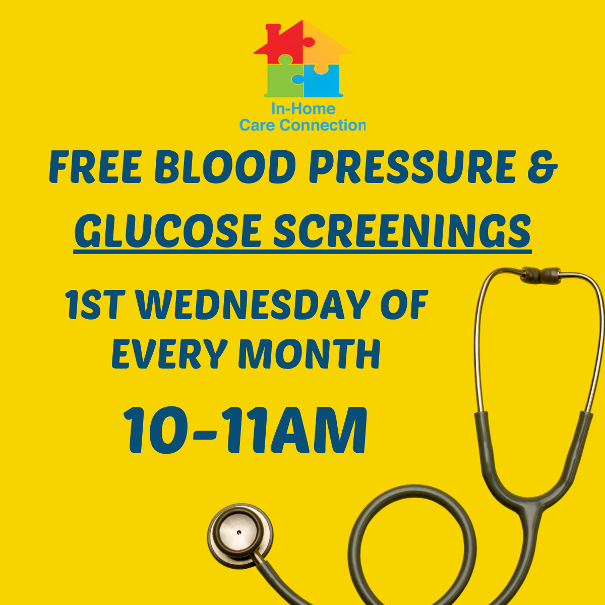 Free blood pressure and glucose screenings on the 1st Wednesday of every month, from 10-11 AM.