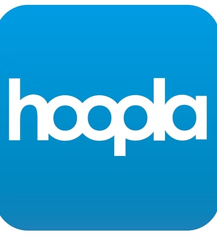 The image shows the Hoopla logo with white text on a blue background.