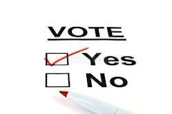 A voting paper with options "Yes" and "No," where "Yes" is checked. A pen is poised to mark the response.