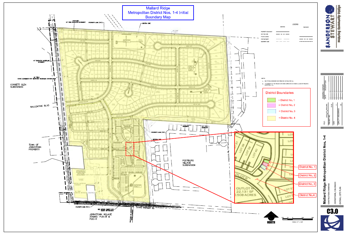 Boundary map of Mallard Ridge Metropolitan District Nos. 1–4, with highlighted district areas and layout details.