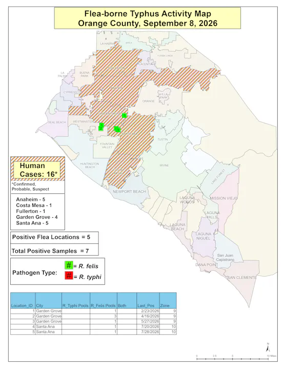 Map shows flea-borne typhus activity in Orange County, CA, with human cases, positive flea locations, and identified pathogens.