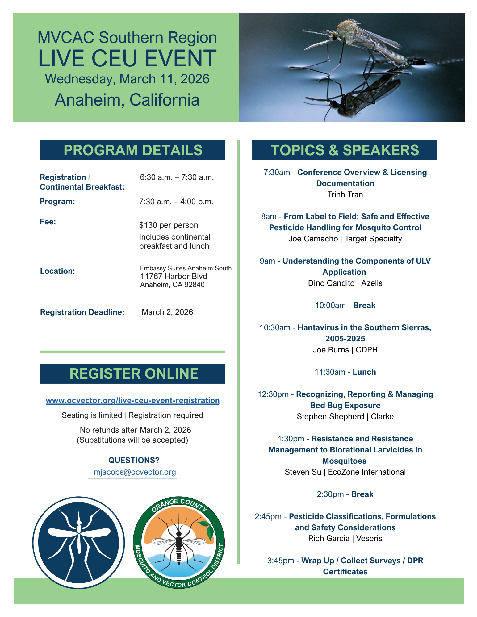 MVCAC Southern Region CEU event on March 11, 2026, in Anaheim, CA. Topics include pesticide handling, hantavirus, and more. $130 fee.