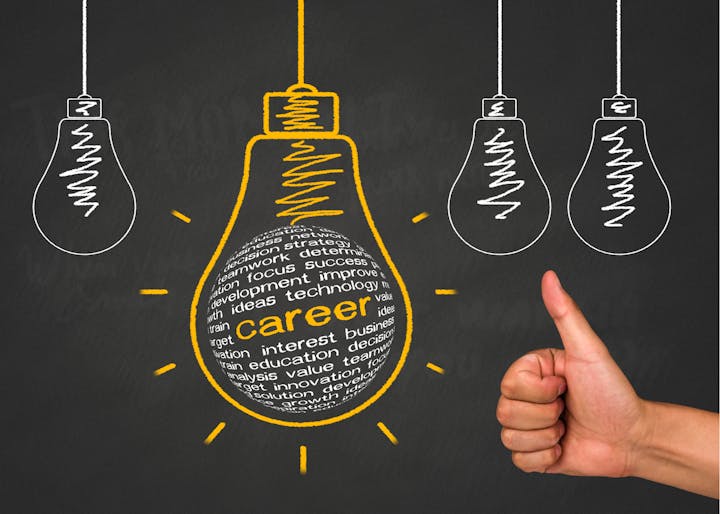 A hand pointing to a bright drawn bulb with career-related words against a dark backdrop with dimmer bulbs.
