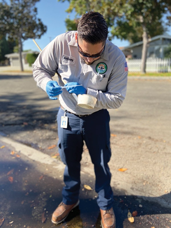 A person wearing gloves inspects a water sample outdoors.