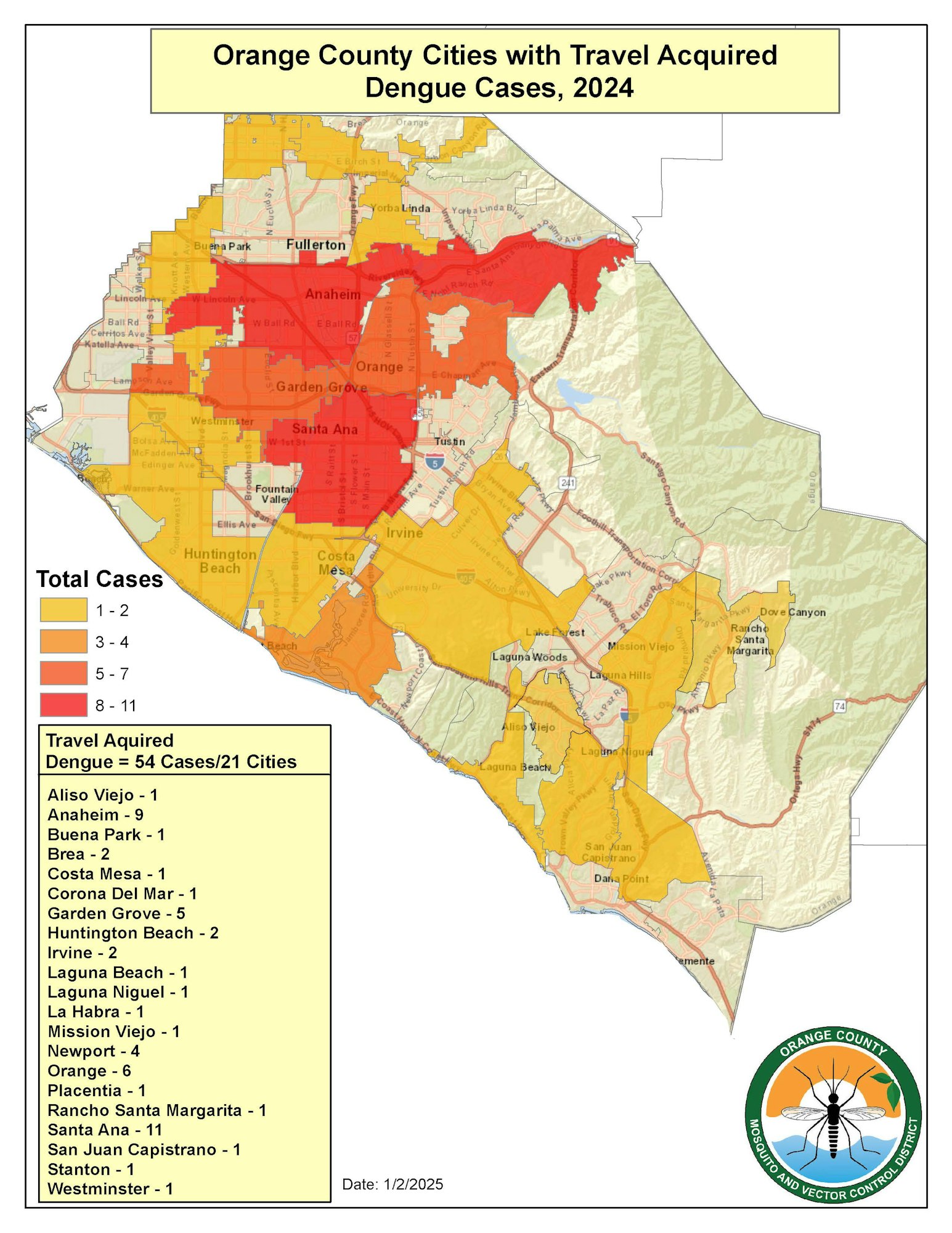 Map of Orange County, CA showing travel-acquired dengue cases in 2024 by city, with color-coded case density. Total cases: 54.