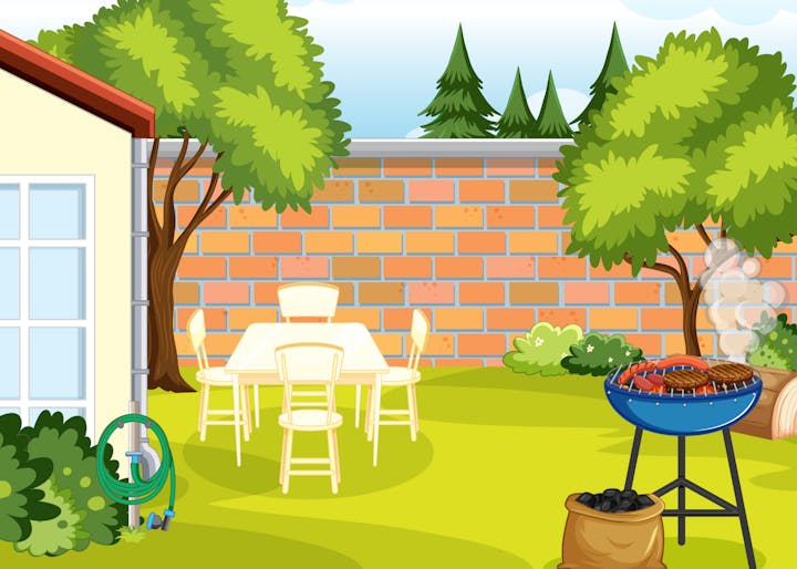 A backyard scene with a patio table, chairs, a barbecue grill, trees, a wall, and a garden hose.
