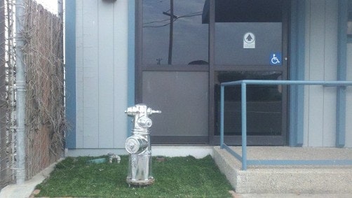 A fire hydrant in front of a door with a wheelchair accessibility sign.
