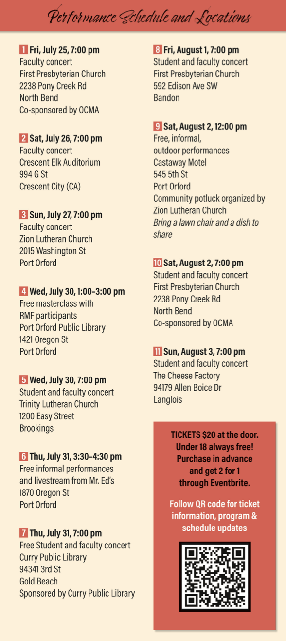 Performance schedule with dates, times, and locations for concerts and events from July 25 to August 3. Tickets are $20.