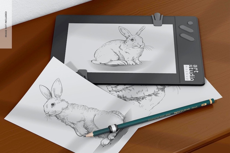 drawing pad, rabbit pencil, paper