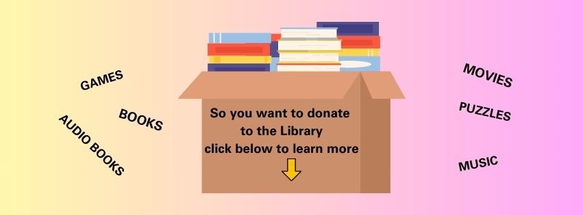 Graphic encouraging donations to a library, showing books, an arrow, and text about donating, with categories like games, movies, and music.