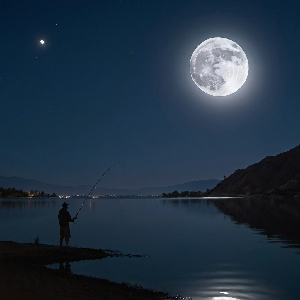 A person fishing by a lake at night with an oversized moon and a smaller celestial body in the sky.