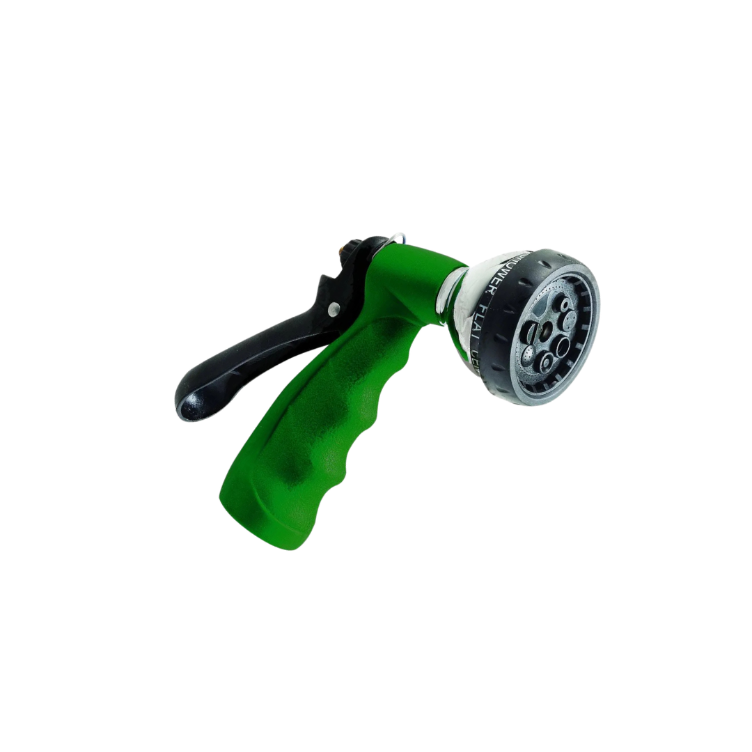 An adjustable green garden hose nozzle with a grip handle and multiple spray settings.