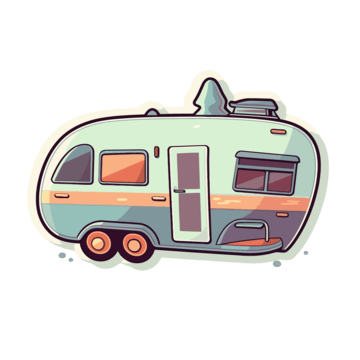 A cute, cartoon-style camper trailer with wheels and windows.