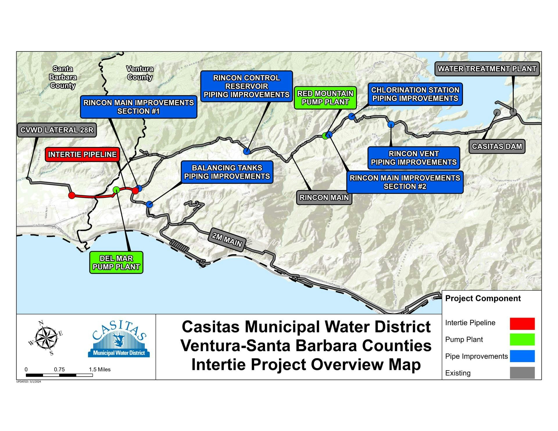 An overview map of a water district intertie project highlighting pipeline routes, pump plants, and infrastructure improvements.