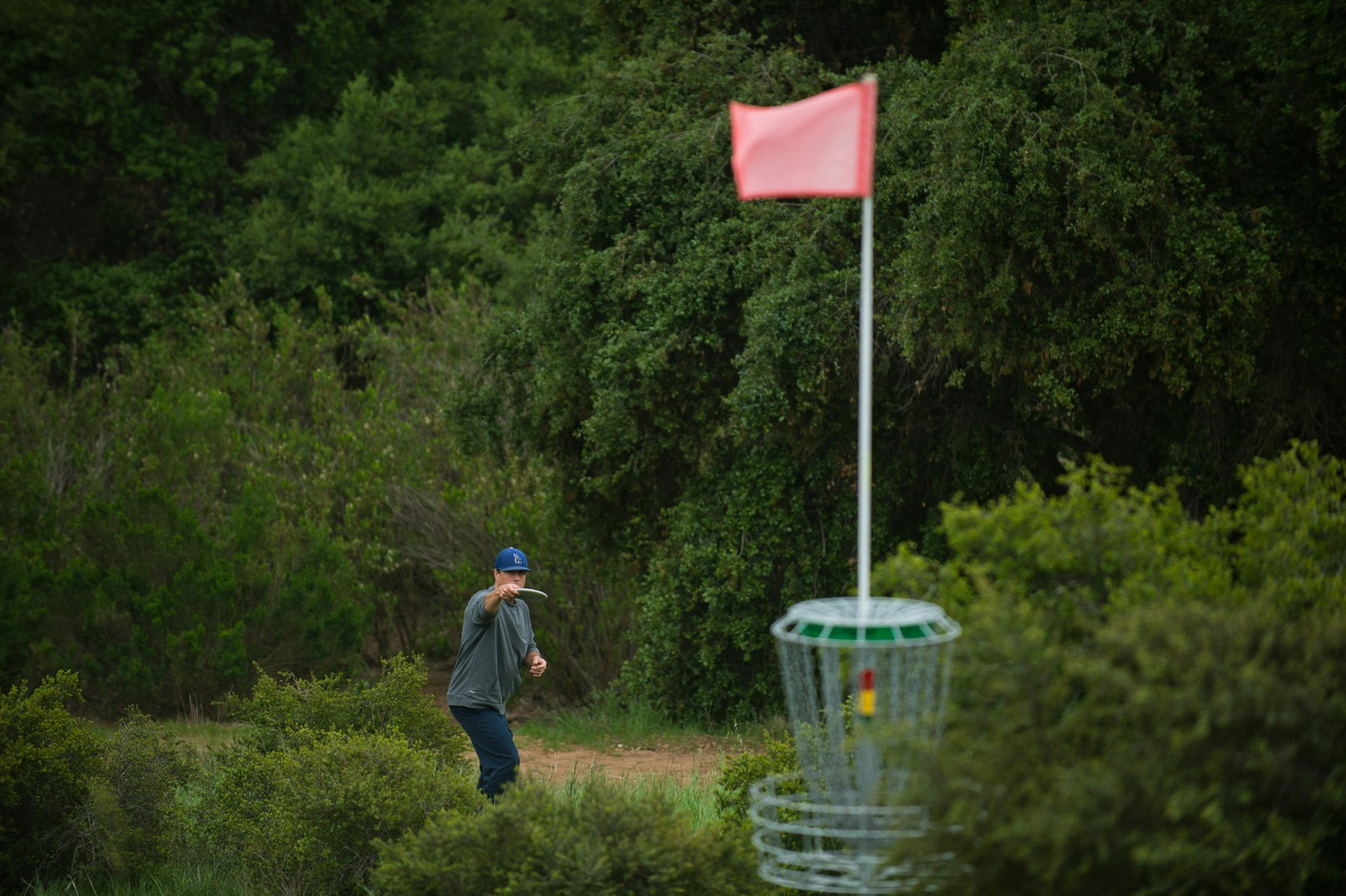 A person throws a disc golf disc towards a target basket with a red flag in a wooded area.