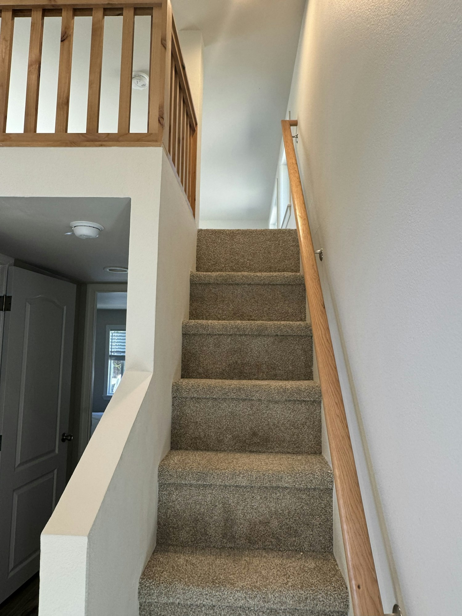 Carpeted staircase with a wooden railing, leading upward in a bright interior space.