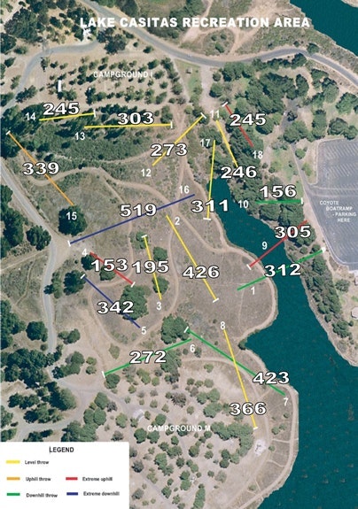 Map of Lake Casitas Recreation Area; features trails, campsites, elevation changes, and Coyote boat ramp.