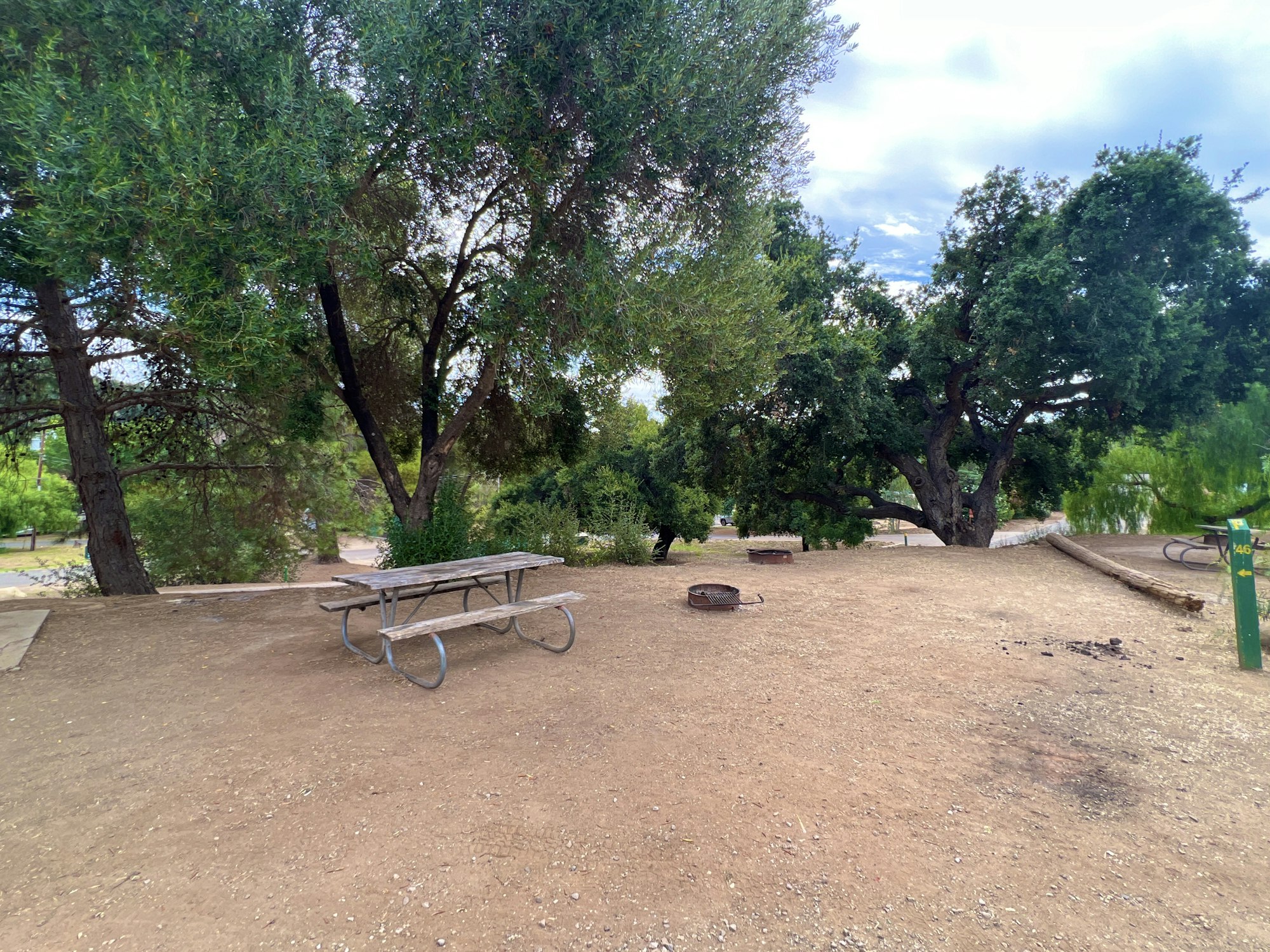 Dirt area with picnic tables, trees, and fire pits.