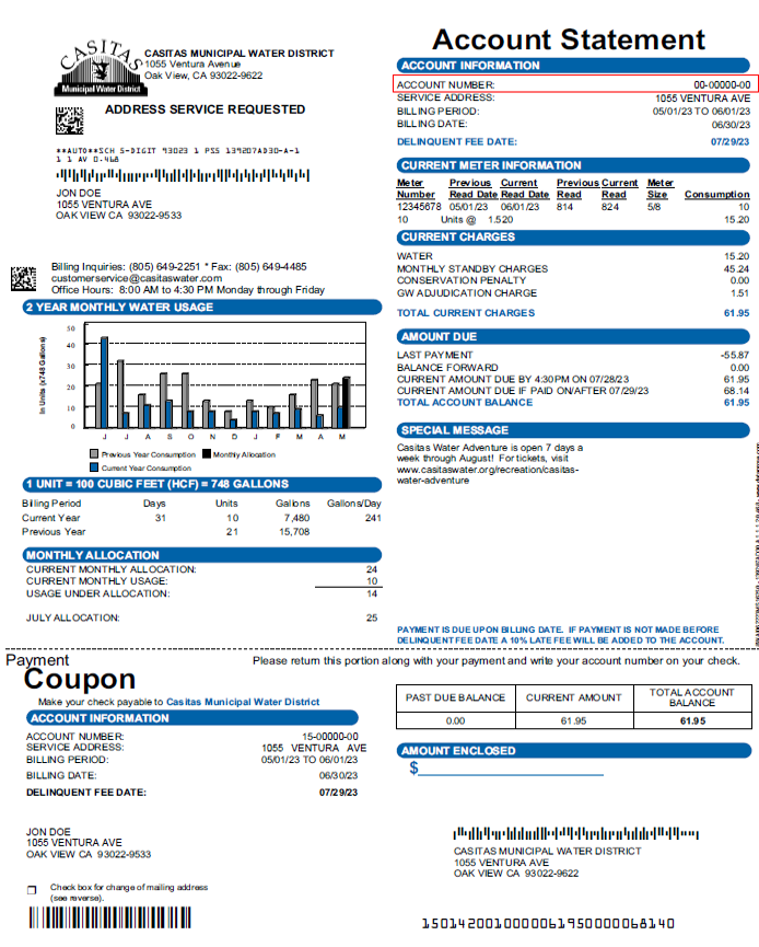 A water utility bill with usage graphs, charges, and payment coupon.