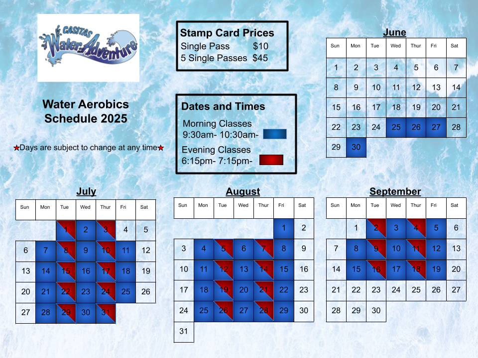 Water Aerobics Schedule 2025 with class times, prices, and monthly calendars from June to September.