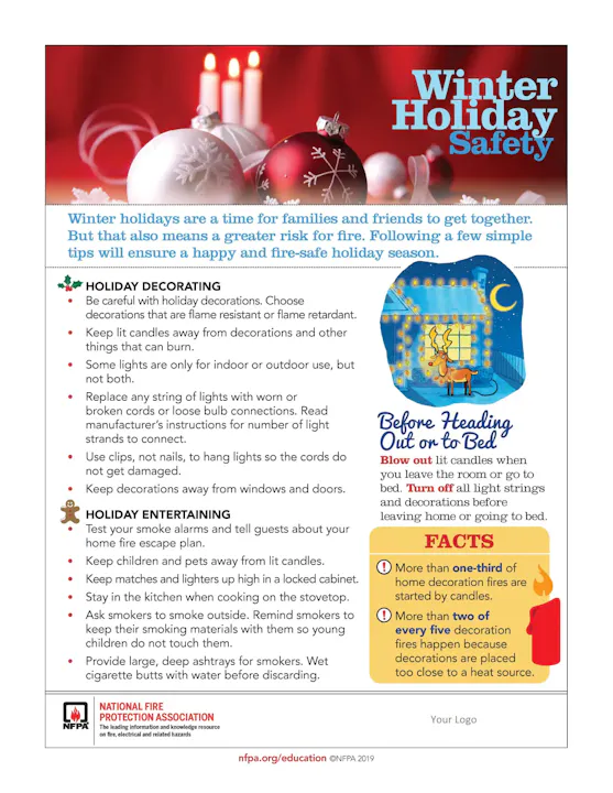 The image provides fire safety tips for the winter holiday season, focusing on decoration and entertaining practices to prevent fires.