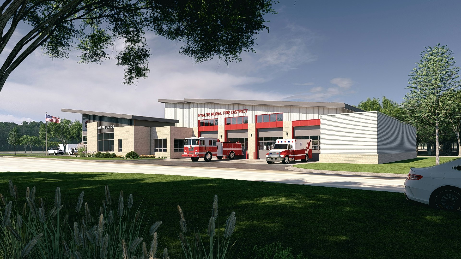 May contain: car, transportation, vehicle, fire station, fire truck, truck, architecture, building, and pickup truck