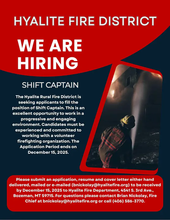The Hyalite Fire District is hiring a Shift Captain. Apply by December 15, 2025, for this volunteer firefighter position.
