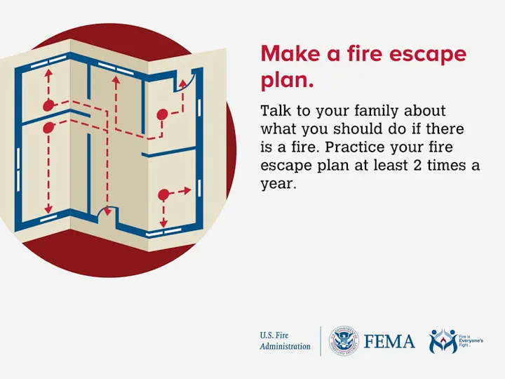 Image promotes creating a fire escape plan, discussing it with family, and practicing it at least twice a year.