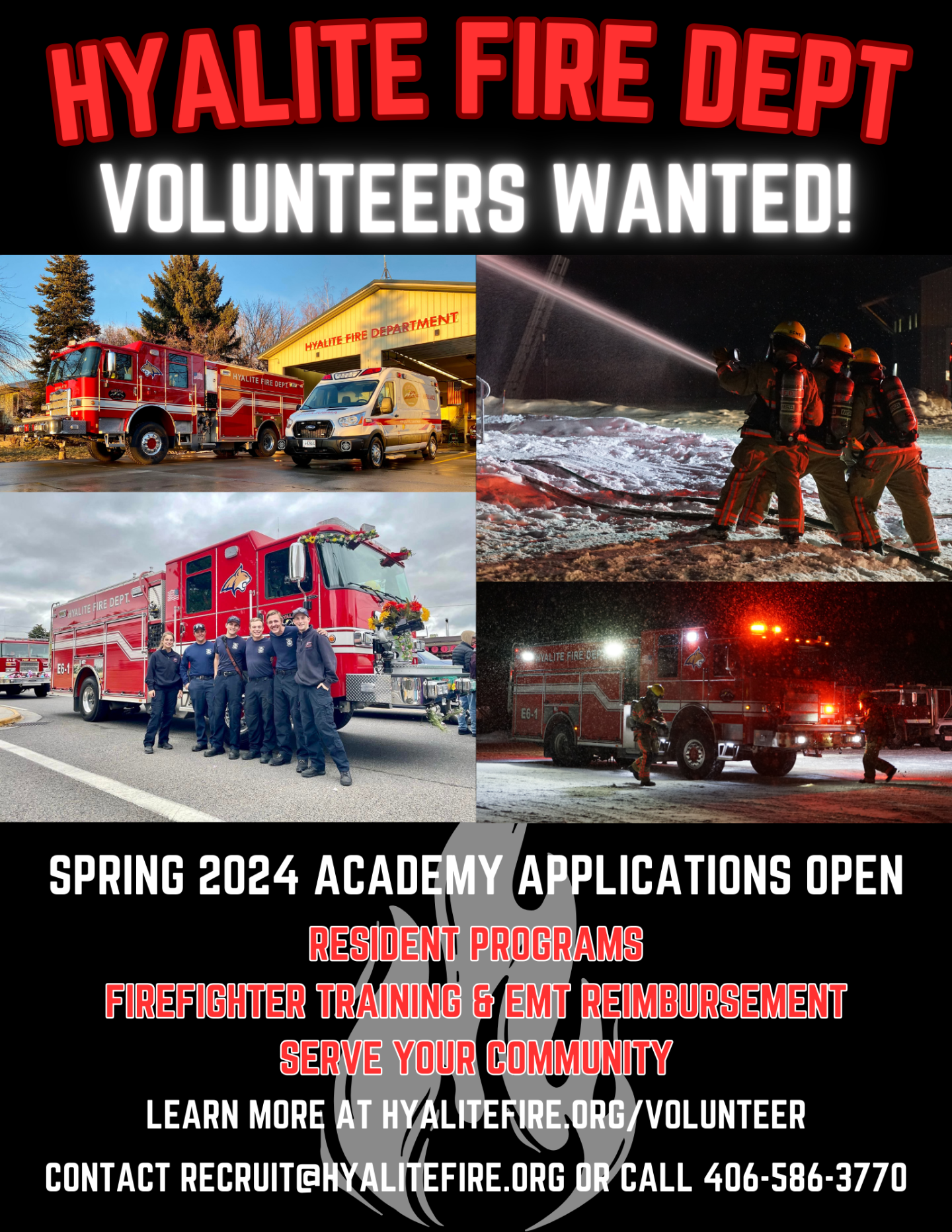 Hyalite Fire Dept seeks volunteers for Spring 2024 Academy. Offers training, EMT reimbursement. Join to serve your community!