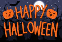 The image features a Halloween theme with the text "Happy Halloween" in orange, accompanied by pumpkins and a night background.
