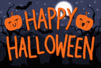 The image features a Halloween theme with the text "Happy Halloween" in orange, accompanied by pumpkins and a night background.