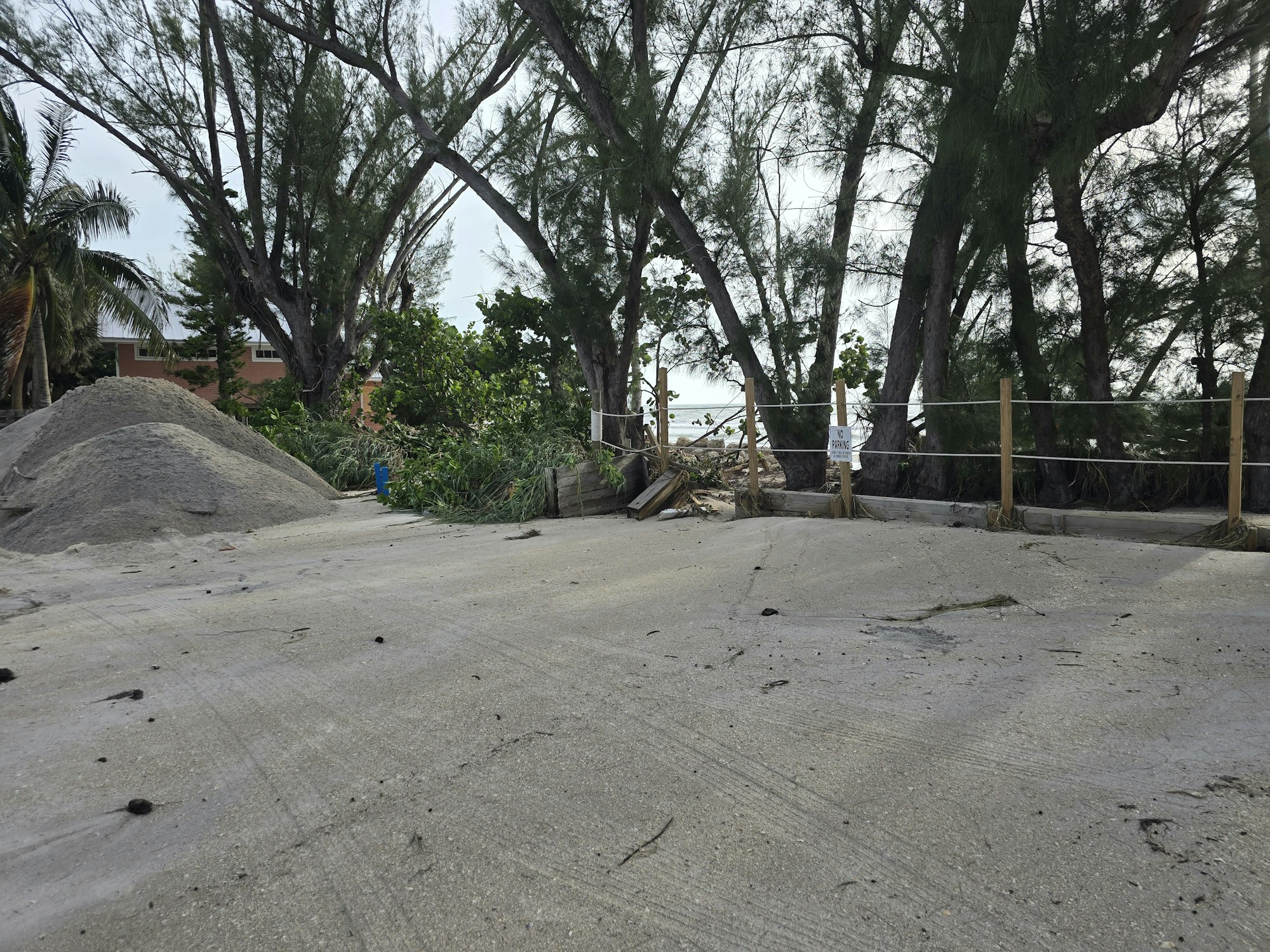 A sandy path with piled sand, trees, a wooden fence, and a glimpse of water in the background.