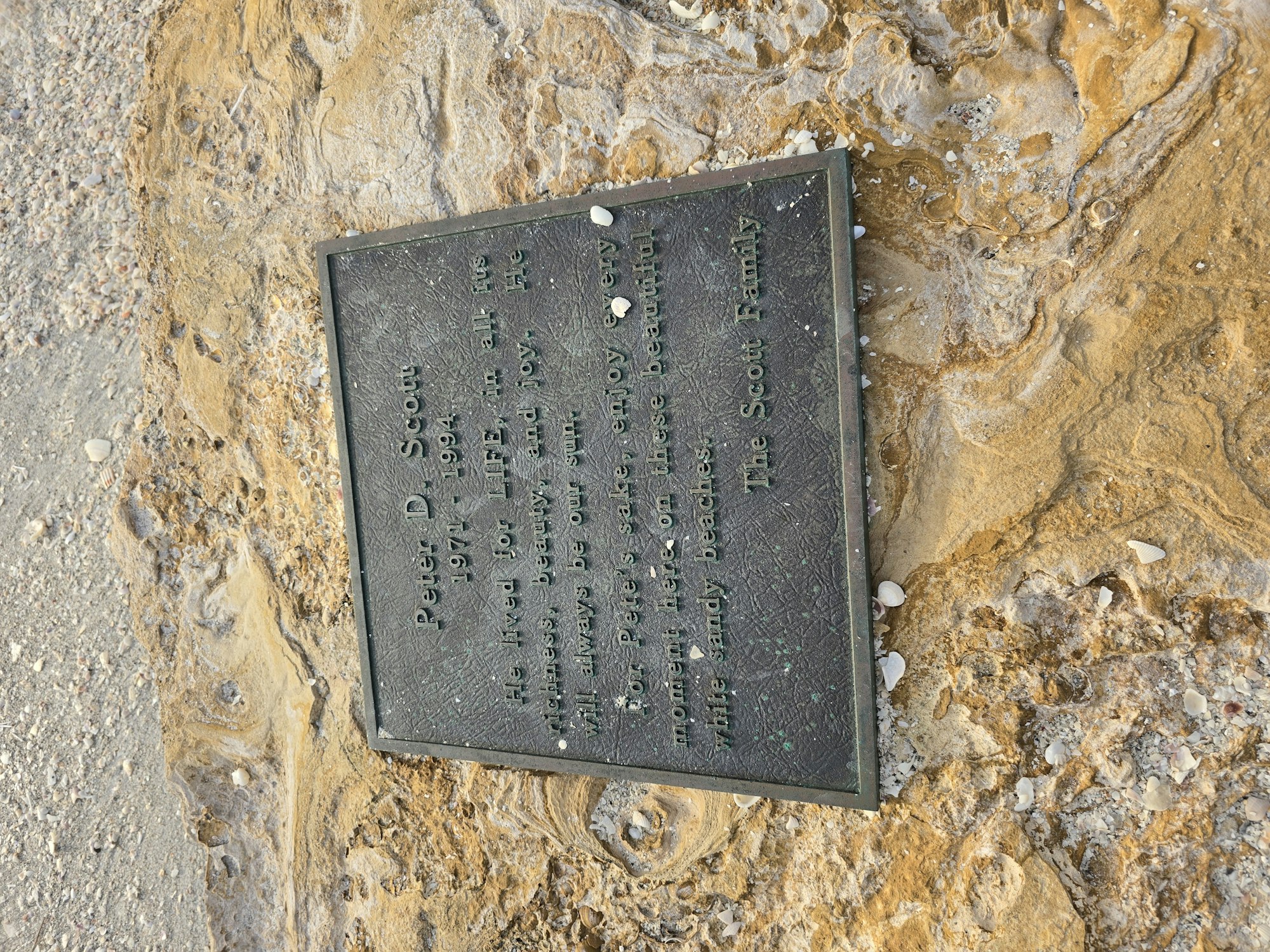 A plaque on a rock surface commemorating Peter D. Scott (1977-1994).